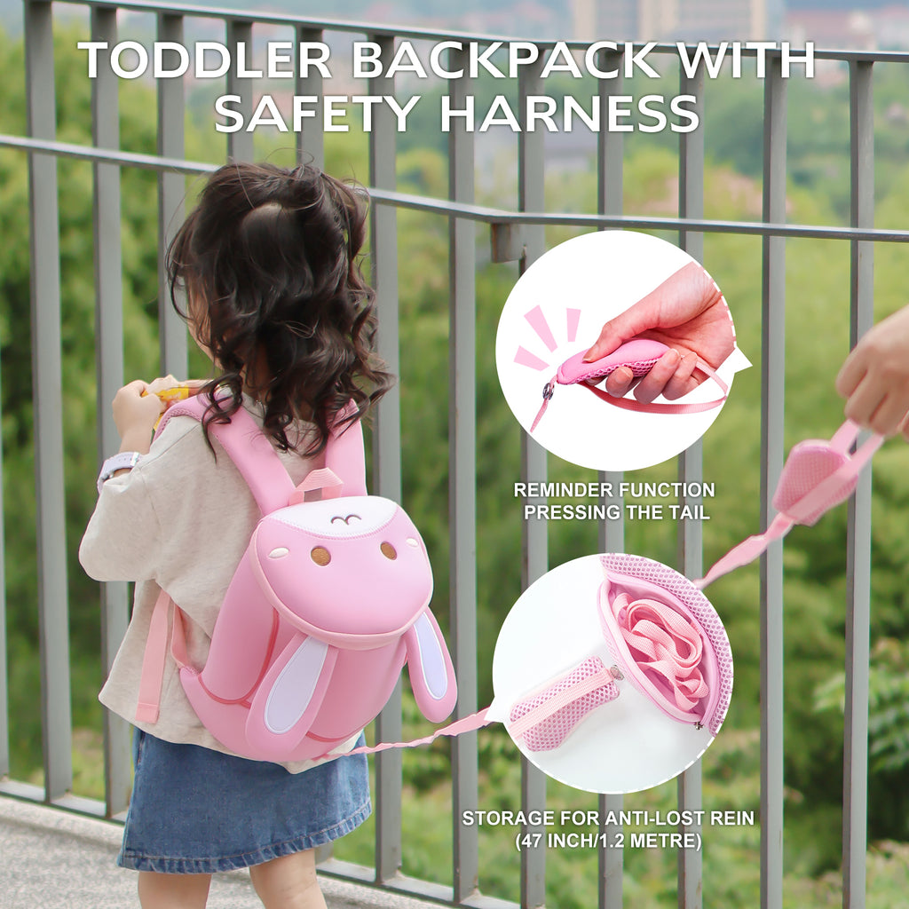 NOHOO High Quality Mini Cute 3D Pink Bunny Kids Backpack with Anti Lost Traction Rope