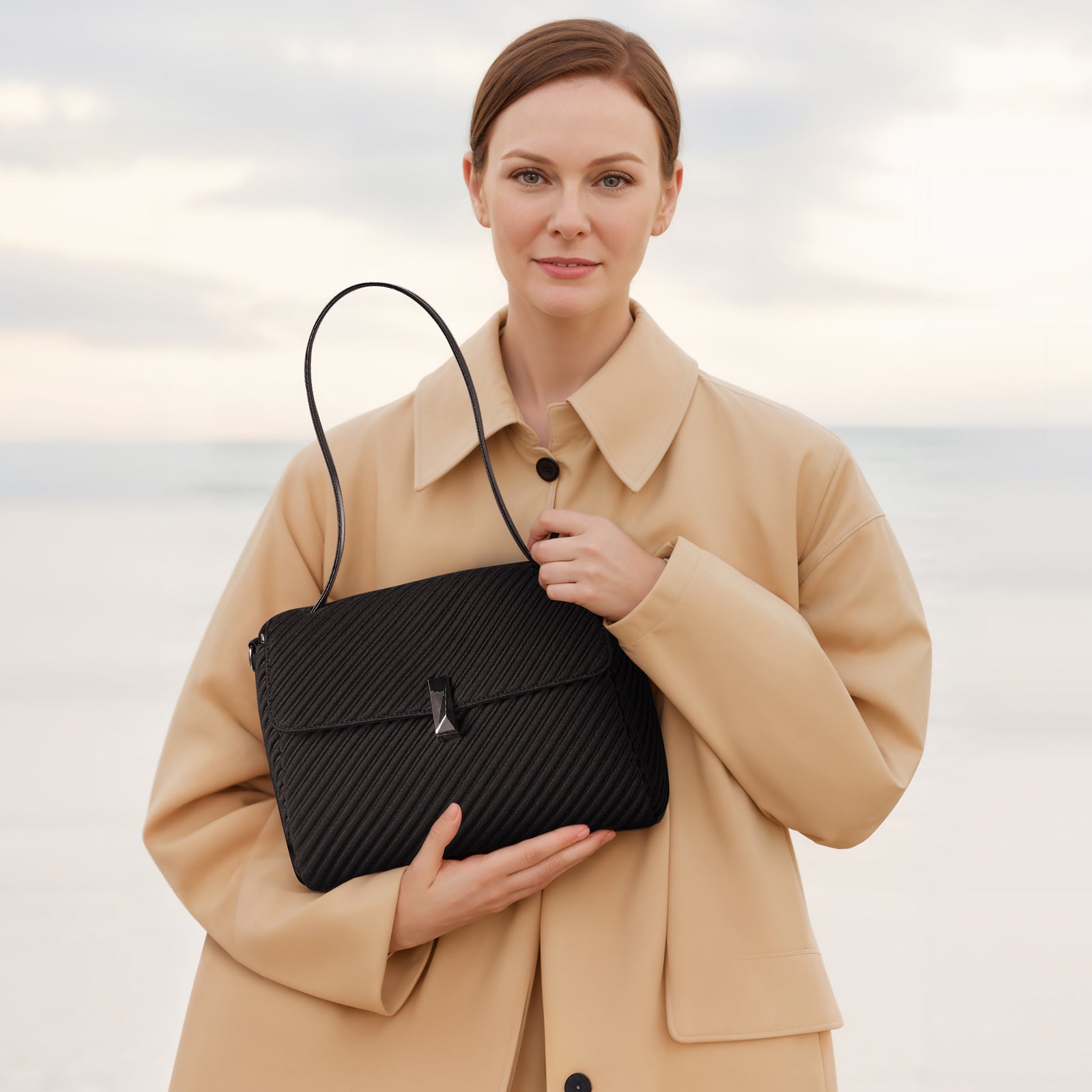 ONIMALS New Arrival Women's Diagonal Pleated Flap Bag 2-Way Convertible Shoulder Bag with Metal Lock Clasp