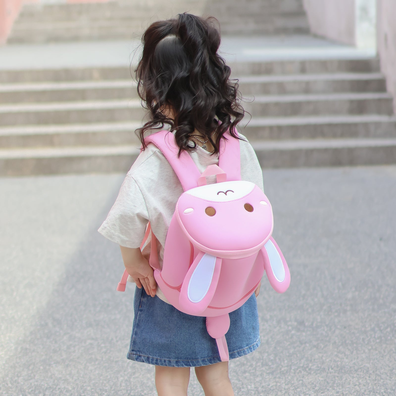 NOHOO High Quality Mini Cute 3D Pink Bunny Kids Backpack with Anti Lost Traction Rope