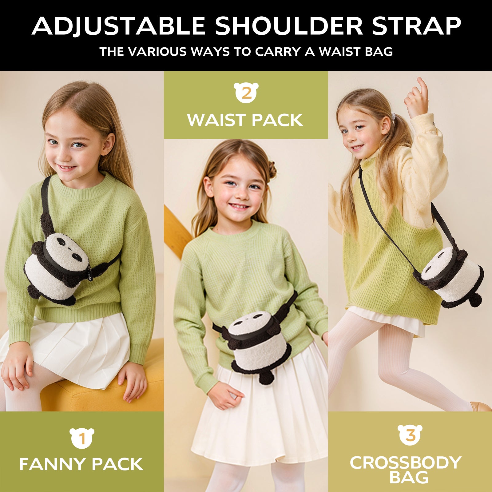 NOHOO New Panda 3D Fanny Pack Waist Bag for Ages 2 Years Above Children Pocket Chest Bag Baby Crossbody Kids Bag Berber Fleece